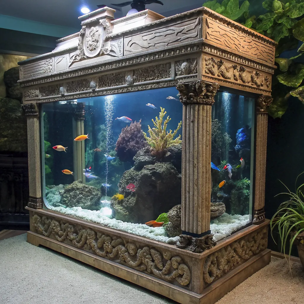 Ornate fish tank with aquatic decor