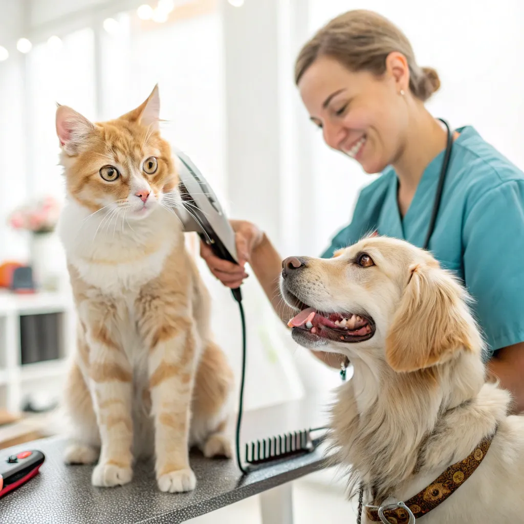 Cat and dog enjoying premium grooming services